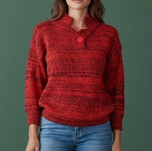 STERLING HARRIS 1980s Tomato Red Marled Knit Split Neck Pullover Sweater